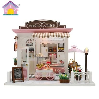 DIY miniature dollhouse kit, European style chocolate shop storefront model with LED lights, pink cream candy-colored facade and outdoor display cart