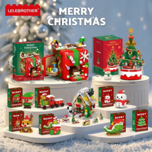 Lelebrother Merry Christmas building blocks collection, festive brick sets including gift box house, music Christmas tree, gingerbread house, reindeer, snowman and mini Xmas ornaments with retail boxes