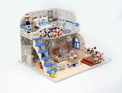 DIY Mediterranean nautical style loft dollhouse kit, blue and white two-story miniature house with LED lights, lighthouse and marine decorations