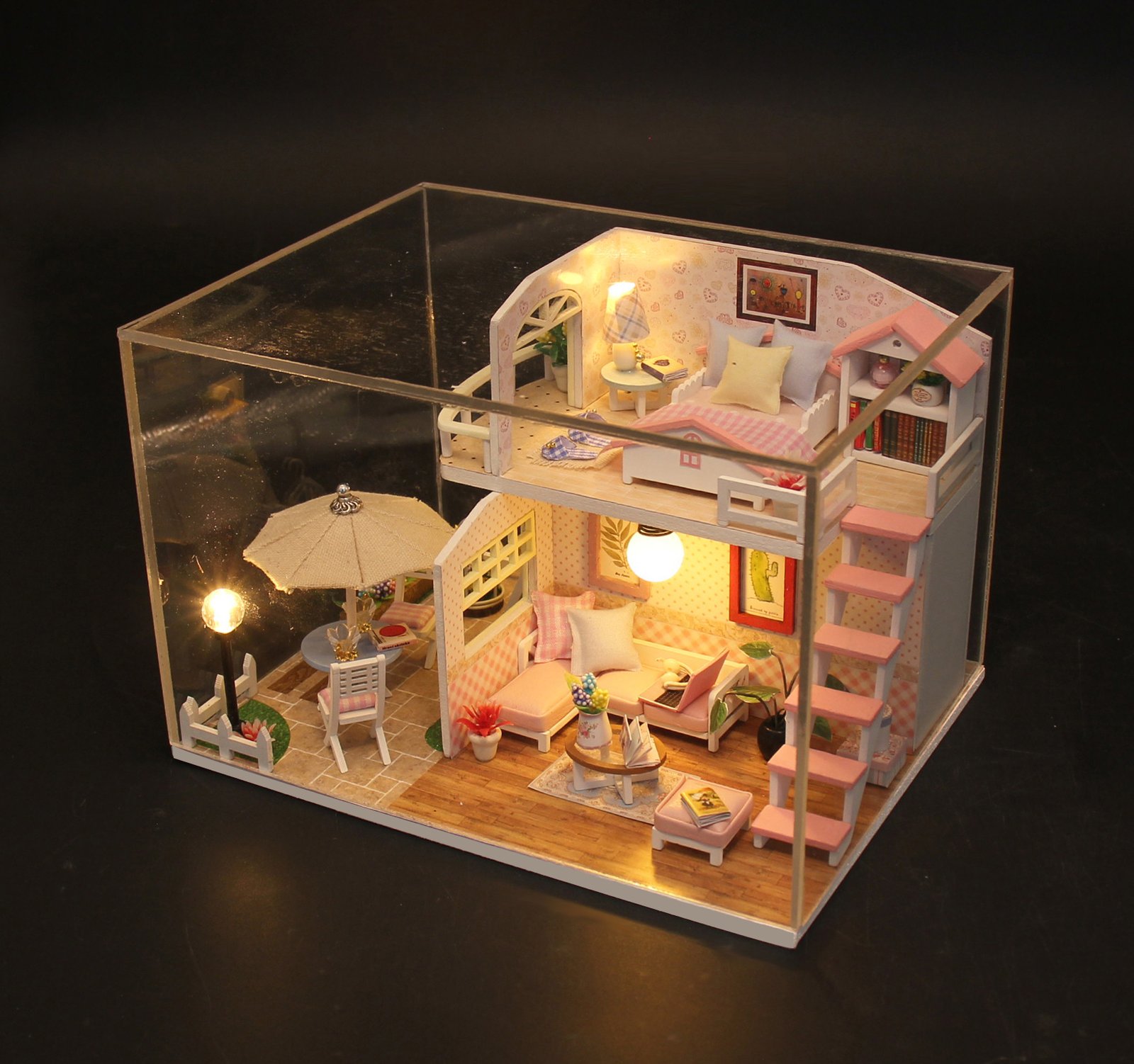 DIY Handmade Sweet Pink Double-Story Loft Miniature Dollhouse, Healing Courtyard Duplex Villa Model with Warm LED Lights, Girly Creative Birthday Gift - Image 2