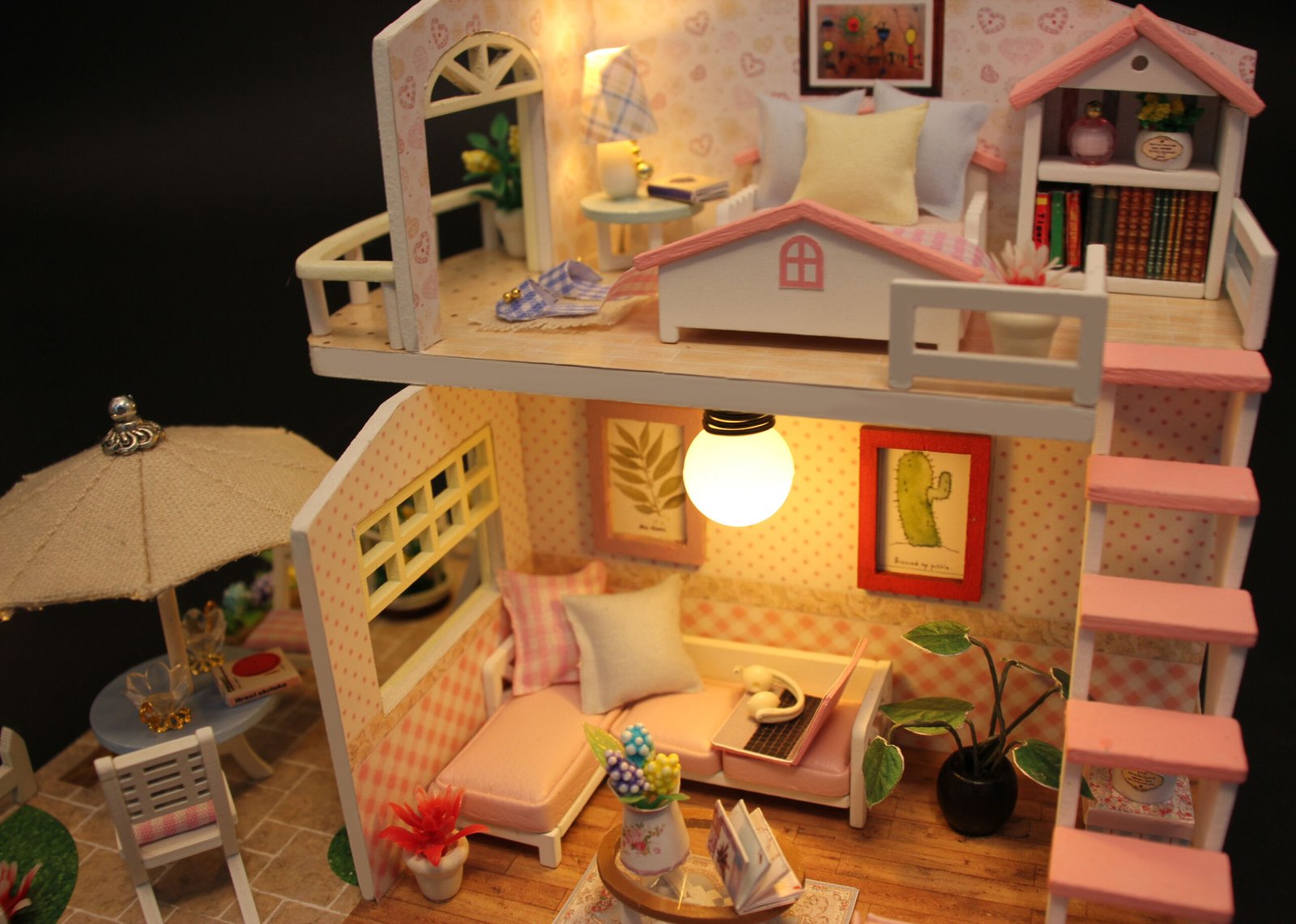 DIY Handmade Sweet Pink Double-Story Loft Miniature Dollhouse, Healing Courtyard Duplex Villa Model with Warm LED Lights, Girly Creative Birthday Gift - Image 3