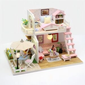 DIY miniature loft dollhouse kit, pink white two-story duplex cottage with LED light, outdoor courtyard patio furniture