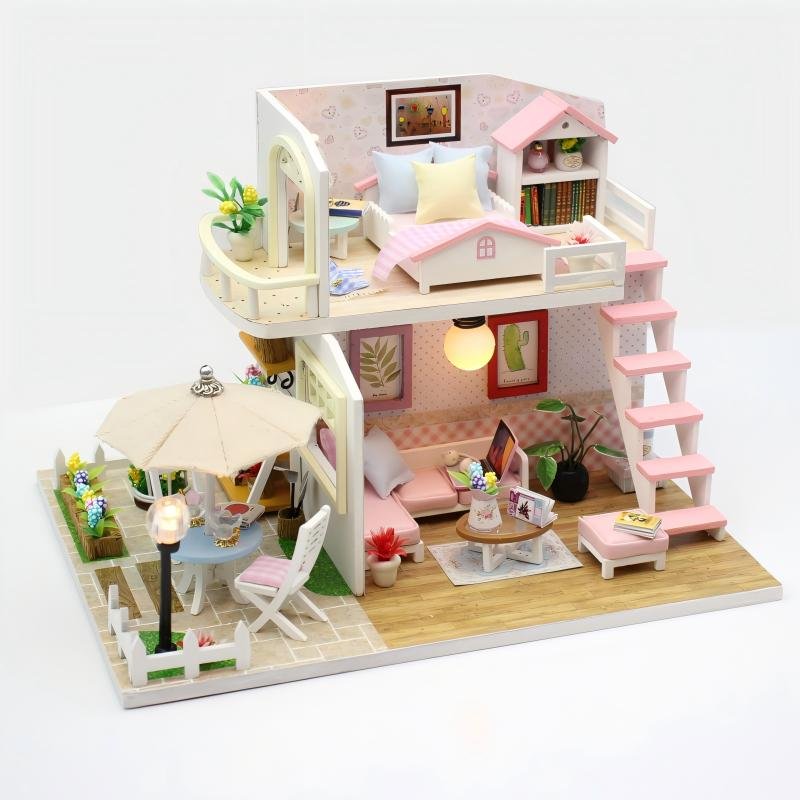 DIY miniature loft dollhouse kit, pink white two-story duplex cottage with LED light, outdoor courtyard patio furniture