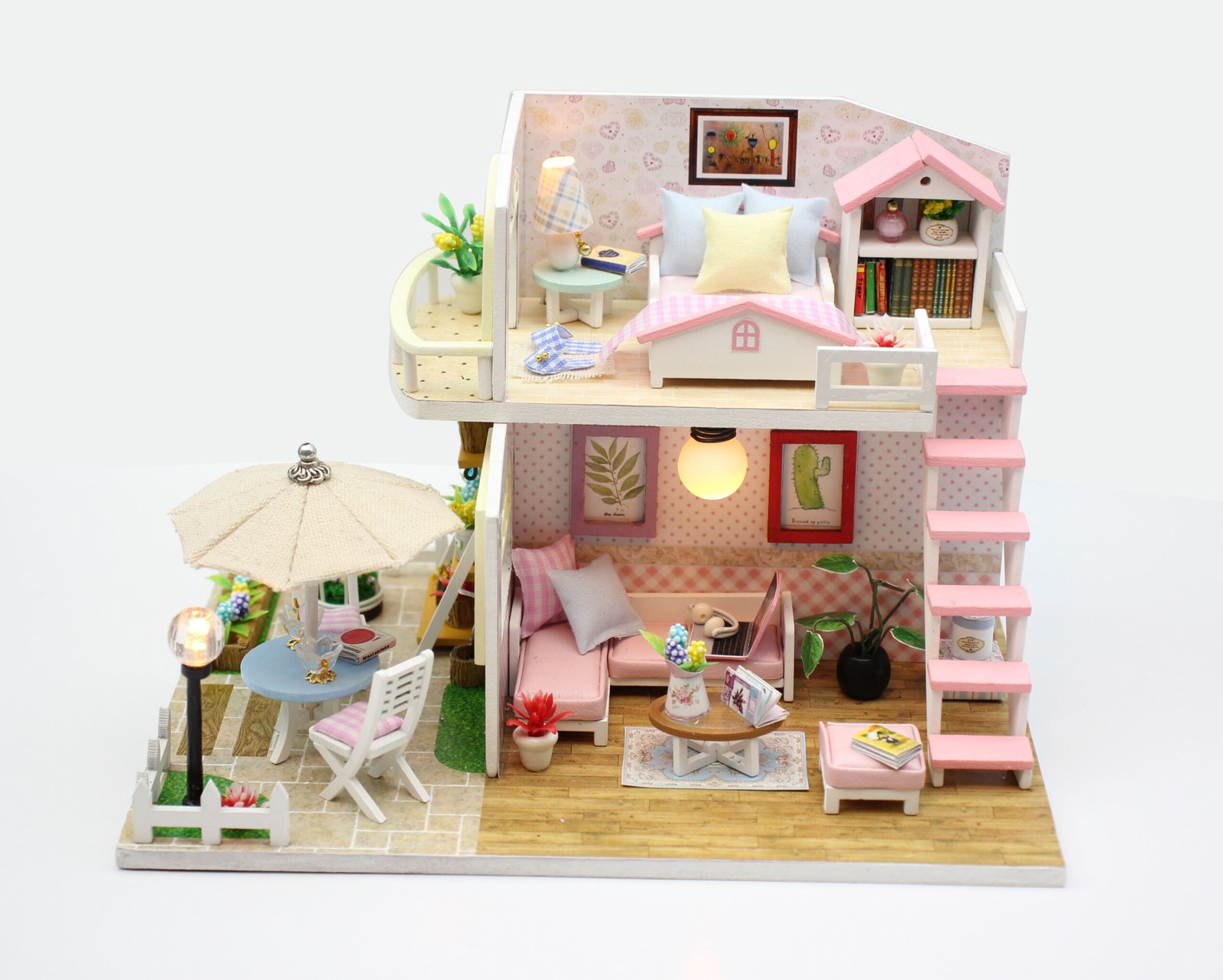DIY Handmade Sweet Pink Double-Story Loft Miniature Dollhouse, Healing Courtyard Duplex Villa Model with Warm LED Lights, Girly Creative Birthday Gift - Image 6