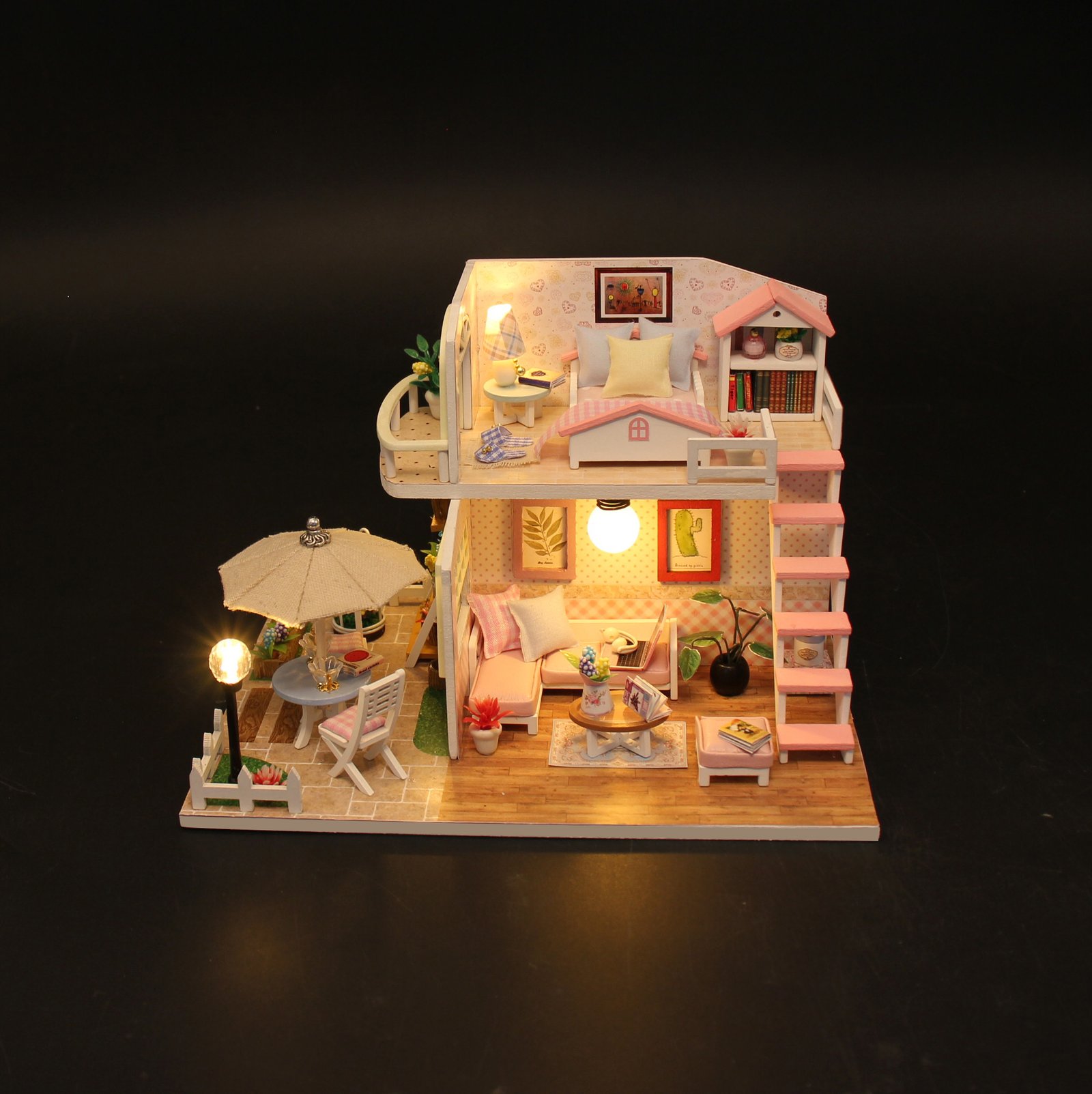 DIY Handmade Sweet Pink Double-Story Loft Miniature Dollhouse, Healing Courtyard Duplex Villa Model with Warm LED Lights, Girly Creative Birthday Gift - Image 7
