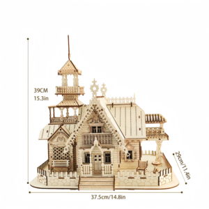 3D laser cut wooden puzzle, European fairy tale villa mansion model with tower balcony and courtyard fence, size marked