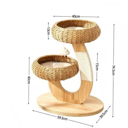 A 2-tier wooden cat tree featuring two hand-woven rattan basket beds with cushions, a curved wooden support post wrapped in sisal rope, a hanging plush toy, and a sturdy oval wood base, labeled with product dimensions.