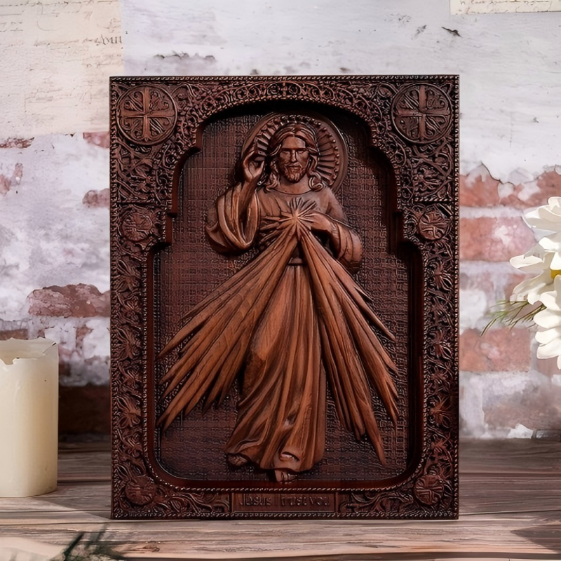 Divine Mercy 3D Relief Hand Carved Wooden Plaque Catholic Altar Wall Decor - Image 5