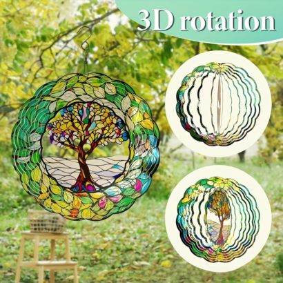 3D rotating Tree of Life metal wind spinner, colorful stained glass style hanging wind ornament, outdoor garden decor display with unfolding effect illustration