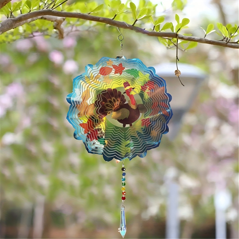3D Metal Wind Spinner with Thanksgiving Turkey Pattern, Colorful Wavy Circular Hanging Wind Ornament with Beads & Crystal Pendant, Suspended on Tree Branch