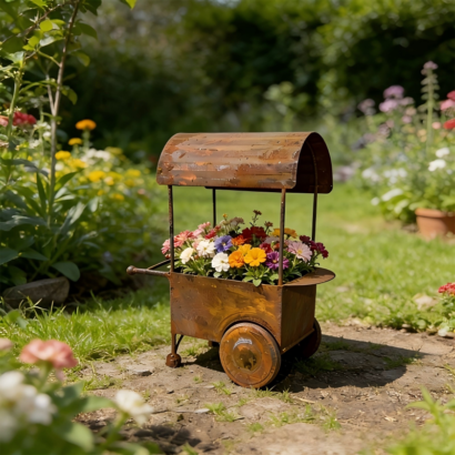Rustic weathered rust metal miniature flower cart planter with arched roof, filled with mixed colorful blooms, placed on garden dirt path