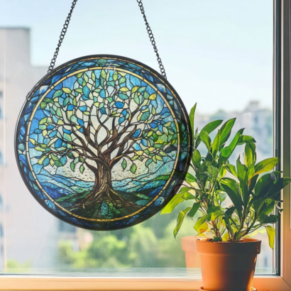 Round Tree of Life stained glass suncatcher hanging on window with metal chain, blue green mosaic tree artwork, beside green potted plant