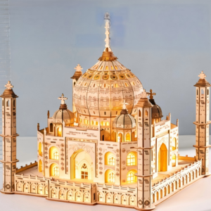 3D wooden puzzle model of Taj Mahal with built-in warm LED lights, laser-cut wooden architecture craft kit