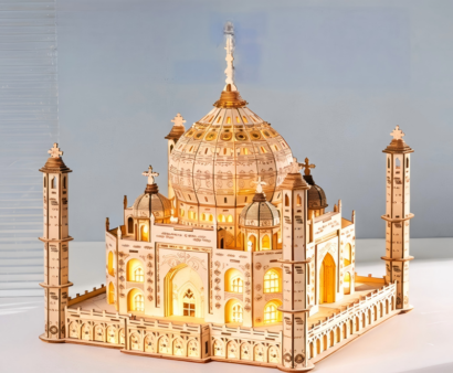 3D wooden puzzle model of Taj Mahal with built-in warm LED lights, laser-cut wooden architecture craft kit
