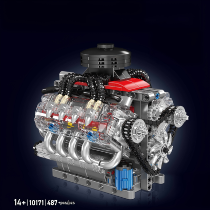 V8 transparent cylinder engine building block model, simulated mechanical internal combustion engine with visible piston linkage, silver exhaust pipes, gear timing structure