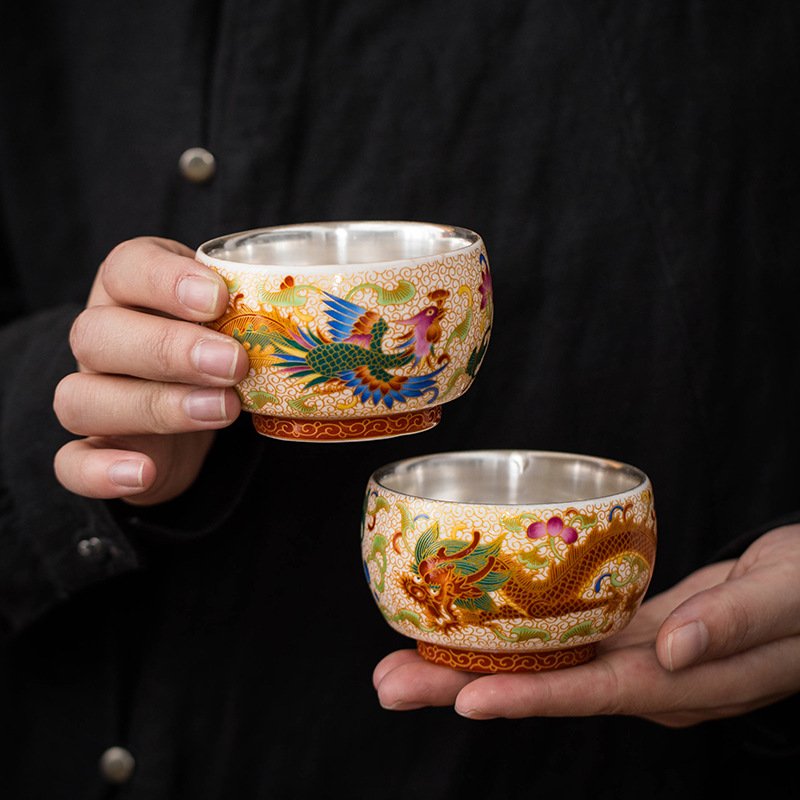 Imperial Dragon & Phoenix Sterling Silver-Lined Enamel Tea Cup Set – Luxury Kung Fu Master Tasting Bowls - Image 2