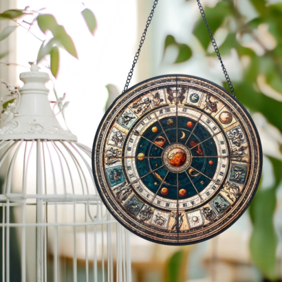 Vintage astrology zodiac stained glass suncatcher, celestial planetary round window hanging decor