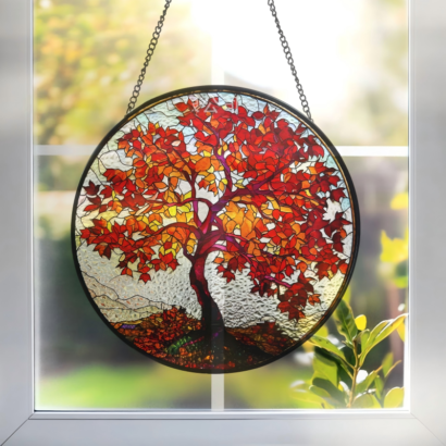 Stained glass autumn maple tree round suncatcher, fall seasonal window hanging ornament