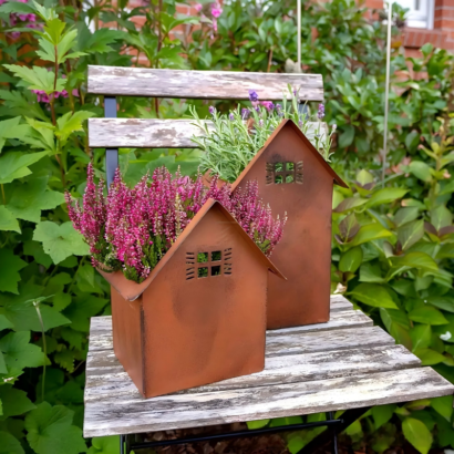 Rust metal house-shaped planter set, rustic cottage garden flower pots
