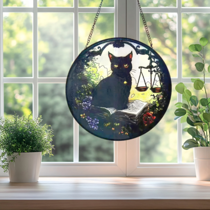 Stained glass style magic black cat round suncatcher, witchy window hanging decor