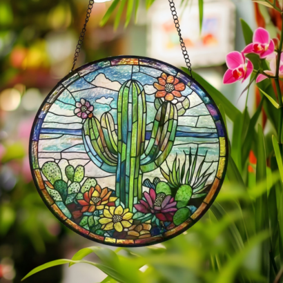 Stained glass style desert cactus round suncatcher, garden window hanging ornament