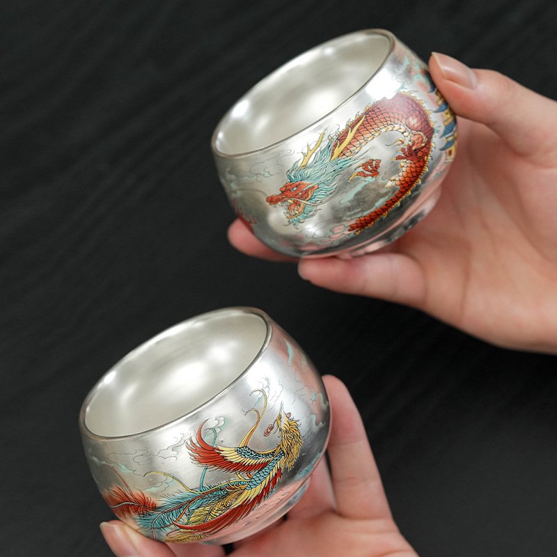 Premium Pure Silver Dragon & Phoenix Teacup Set | Luxury Presentation Box - Image 2