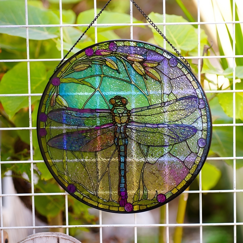 Stained glass style dragonfly round suncatcher, garden window hanging ornament
