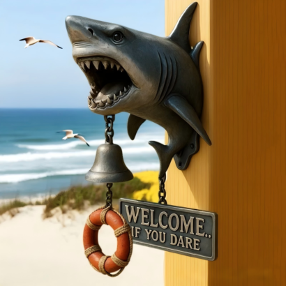 Shark head wall mounted welcome bell, nautical style resin door decor with lifebuoy sign