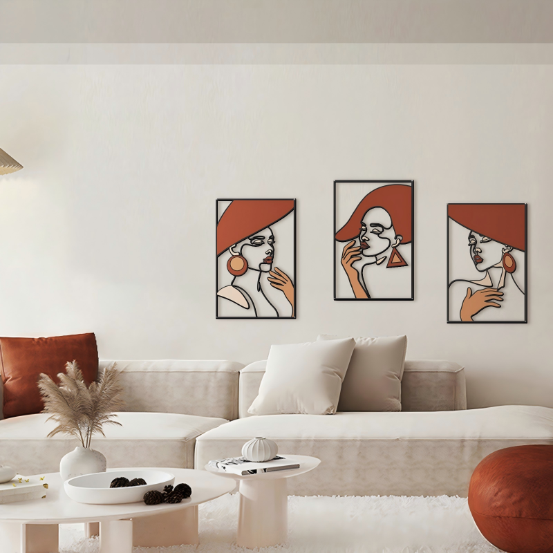 Set of 3 minimalist line art metal wall decor, abstract lady with hat silhouette wall hangings