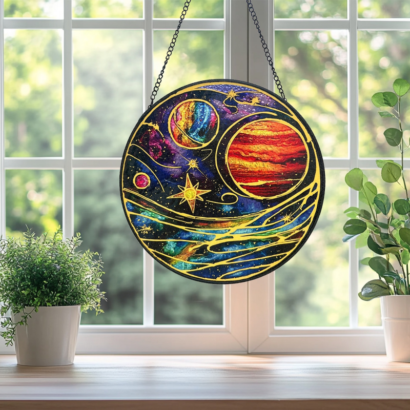 Cosmic planet stained glass style round suncatcher, space theme window hanging ornament