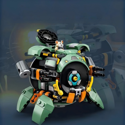 A building block model of a green and orange spherical Wrecking Ball battle mech featuring dual quad cannons and a small hamster pilot minifigure emerging from the top hatch.