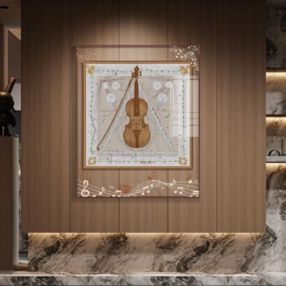 A large transparent acrylic framed wall art display mounted on a warm wood panel wall, featuring a central silk scarf illustration of a classic wooden violin surrounded by musical staves and geometric drafting lines, with white musical notes floating across the clear acrylic border.