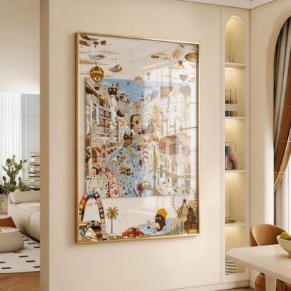 A large vertical gold-framed silk scarf artwork featuring a whimsical European city canal, hot air balloons, and vintage transport motifs mounted on a warm beige dining room wall.