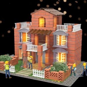 A miniature two-story red brick villa model set with miniature builder figurines, balconies, white fences, and glowing interior lighting against a dark background.
