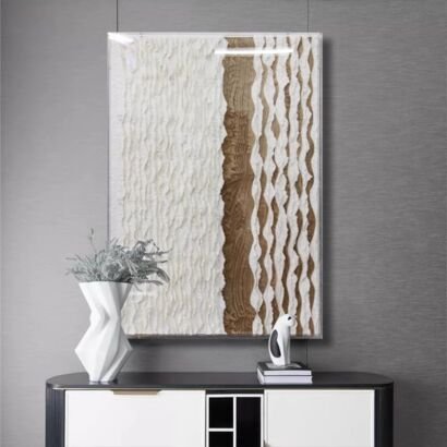A vertical modern abstract wall art featuring heavy white textured wavy lines set against a warm natural wood grain background, mounted above a black and white console table.