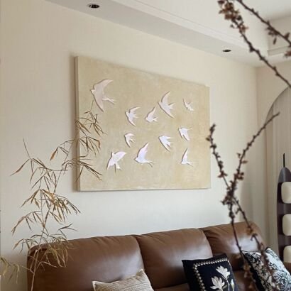 3D Relief Flying Swallow Canvas Wall Art, Neutral Beige Textured Abstract Painting for Living Room Decor