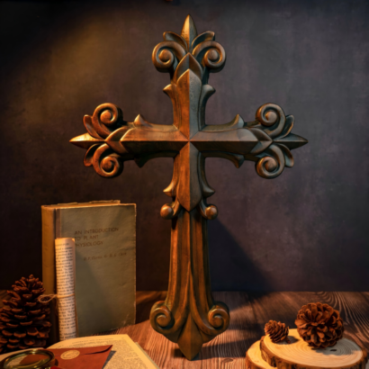 Ornate wood-carved cross with fleur-de-lis flourishes standing on a wooden surface next to vintage books and pinecones