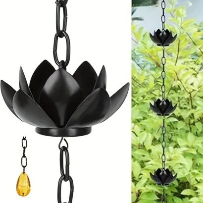 Black metal lotus rain chain with teardrop amber crystal pendant, decorative hanging garden water diversion ornament