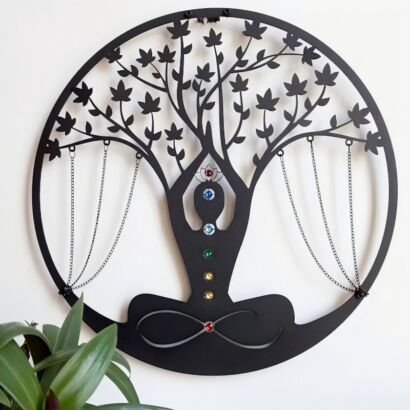 Black Metal Tree of Life Chakra Yoga Wall Art, Circular Meditation Human Silhouette Wall Hanging with Seven Chakra Gemstones