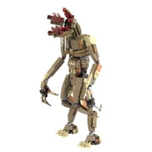 Building block model of Demogorgon from Stranger Things, brown articulated humanoid monster with petal-shaped blooming head, white background