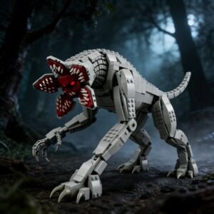 LEGO Demogorgon building block model from Stranger Things, grey articulated monster with petal-shaped head and sharp teeth, dark forest backdrop