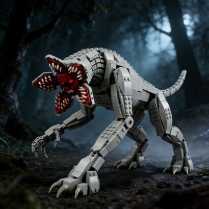 LEGO Demogorgon building block model from Stranger Things, grey articulated monster with petal-shaped head and sharp teeth, dark forest backdrop