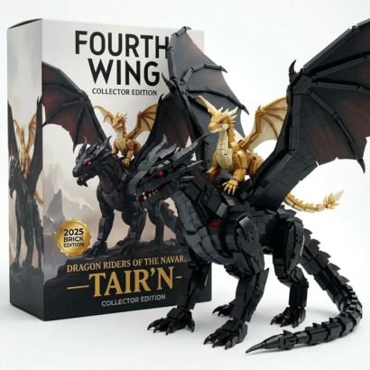 Fourth Wing Tair’n collector building block set, large black dragon model carrying small golden dragon, retail packaging box