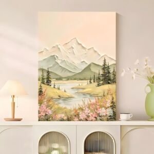 3D textured alpine valley landscape painting, snow peaks, winding river, pine trees and pink wildflower meadow canvas wall art
