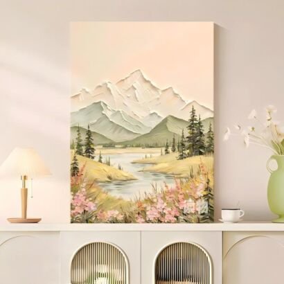 3D textured alpine valley landscape painting, snow peaks, winding river, pine trees and pink wildflower meadow canvas wall art