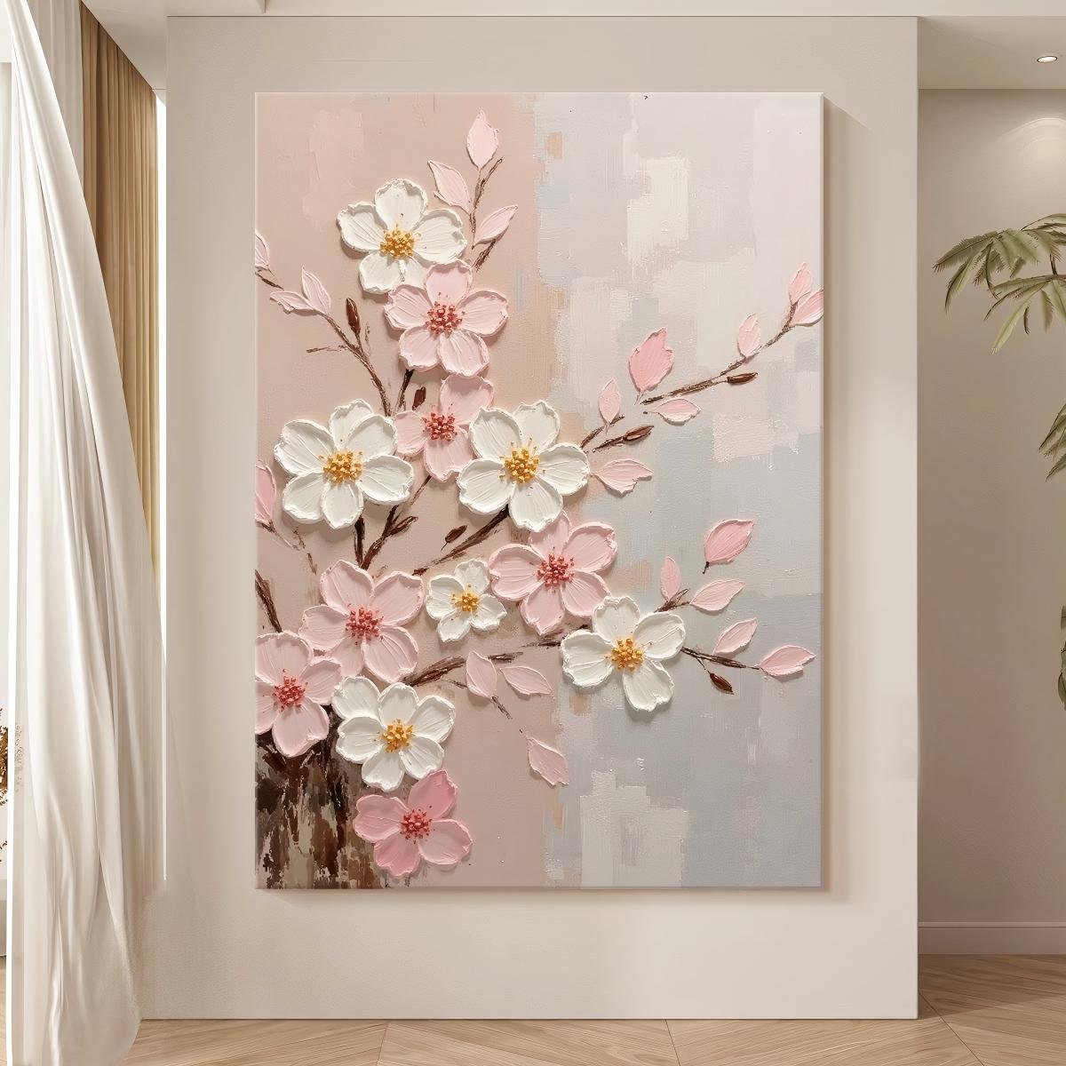Direct-from-factory acrylic textured hand-painted oil painting featuring abstract 3D floral motifs in a "cream style"—ideal for living room or entryway decor. - Image 2