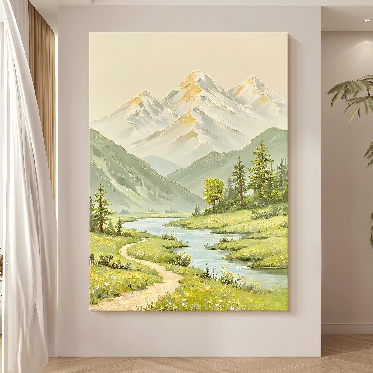 "High Mountains and Flowing Water" Wall Art – Cream-Style Hand-Painted Oil Painting with Gold Mountain Texture; Direct-from-Factory Art for Living Rooms, Entryways, and Hallways. - Image 2