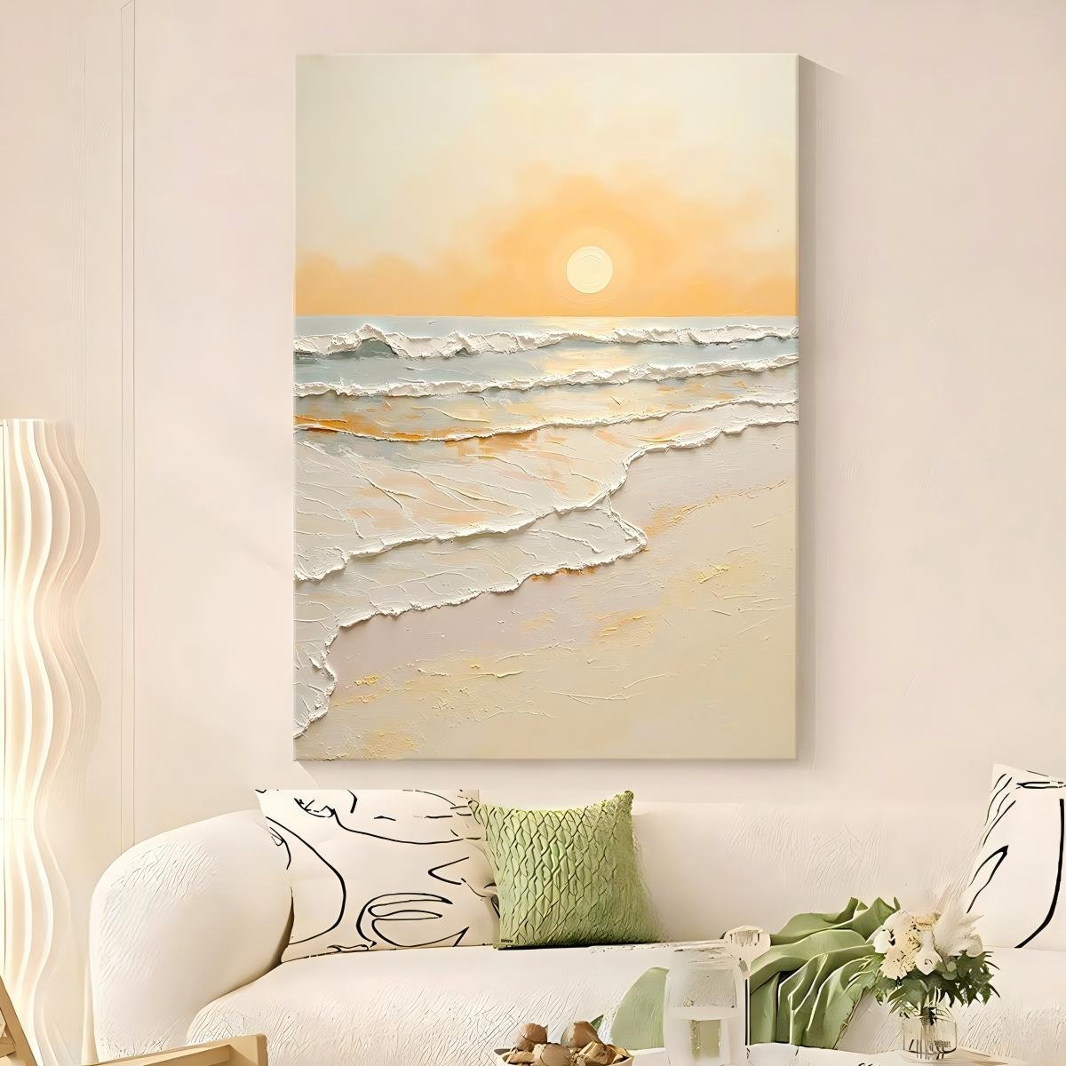 "Cream-style" 3D textured oil painting featuring abstract waves and a sunrise; a hand-painted artwork suitable for living rooms or entryways, available directly from the manufacturer. - Image 2
