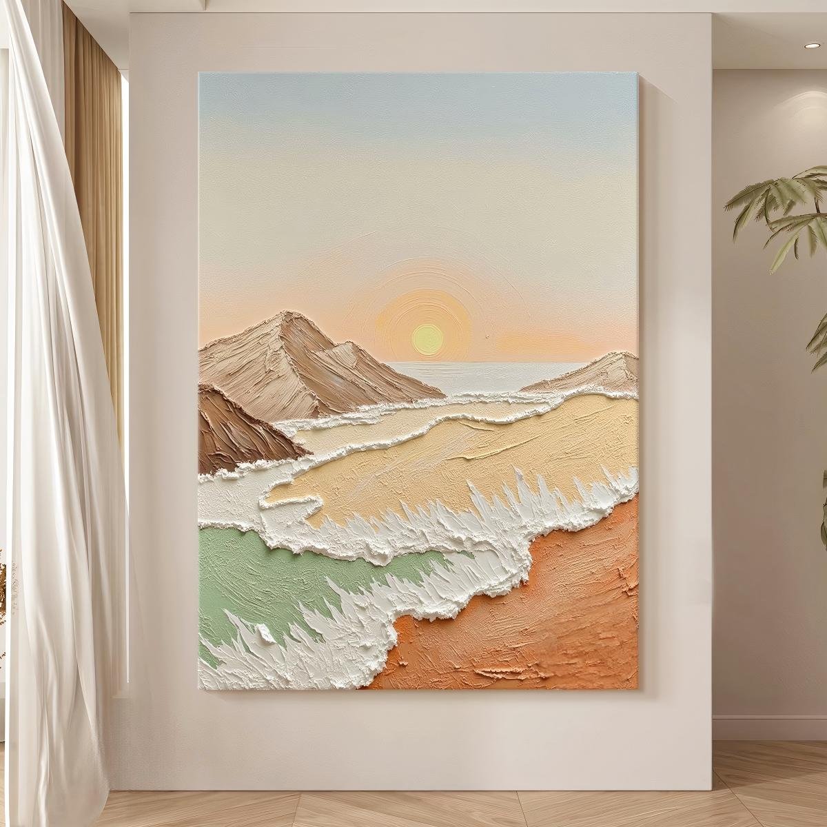 Seaside Sunrise Living Room Wall Art – Cream-Style Abstract Textured Oil Painting (Hand-Painted) – Factory-Direct Landscape Wall Decor - Image 2