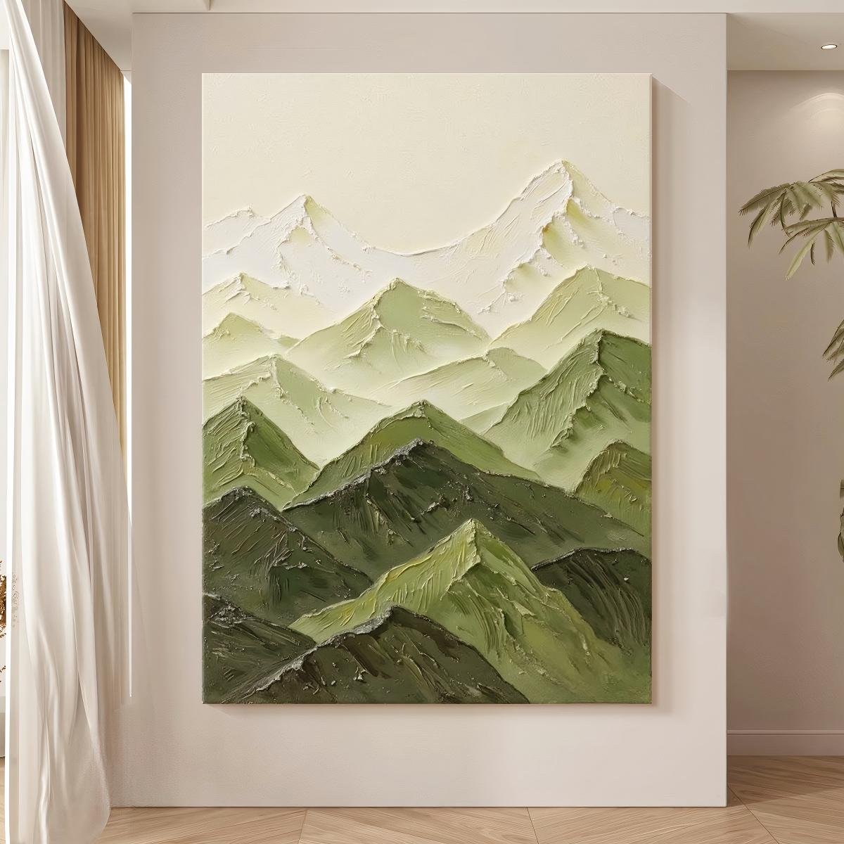 "Cream-style" 3D abstract living room art featuring green mountain peaks; direct-from-factory textured hand-painted oil painting suitable for entryways. - Image 2
